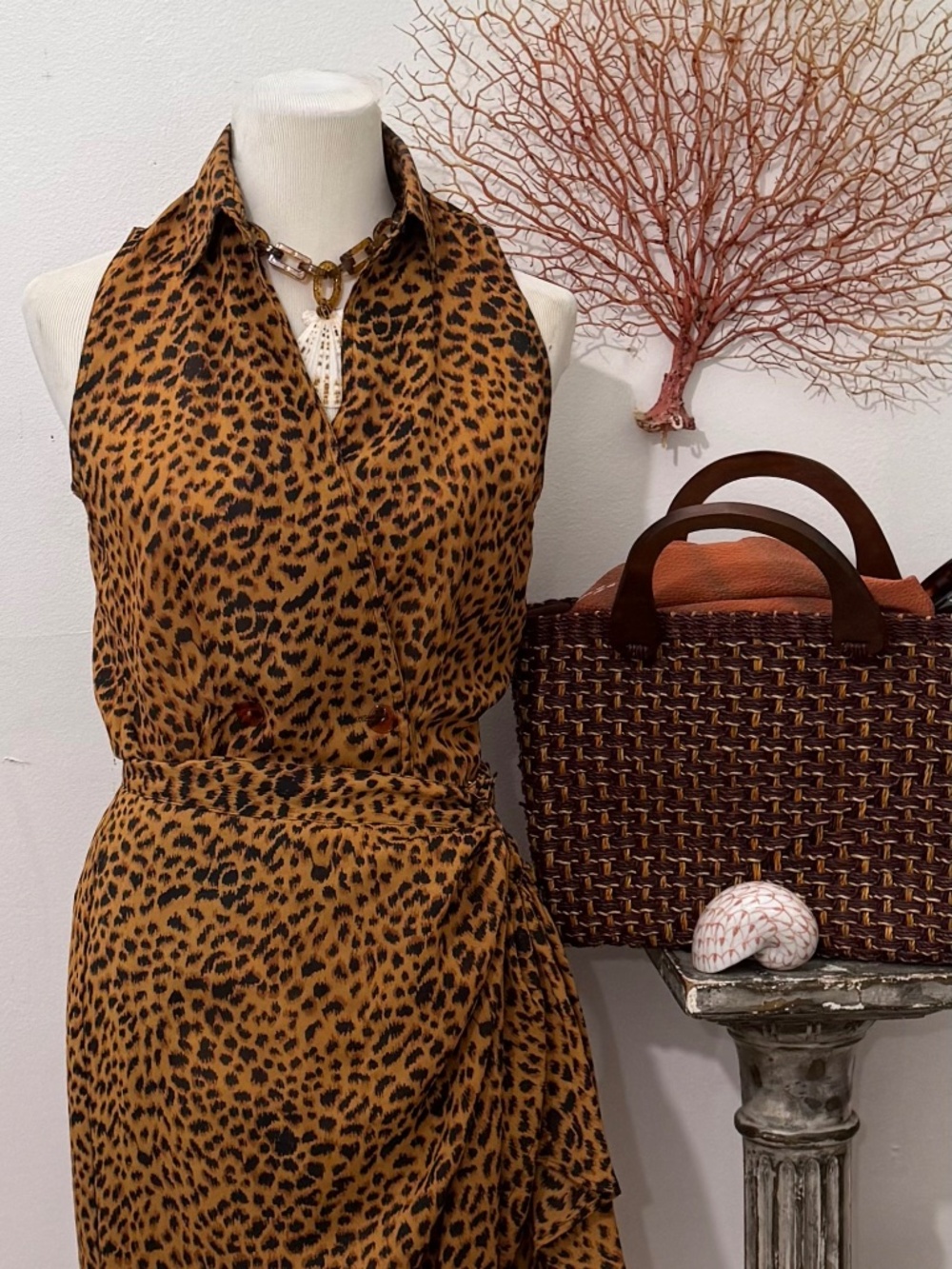 Iconic Y2k Caché Glamour Girl Leopard Top & Matching Wrap/Sarong Skirt. SZ 4 VTG